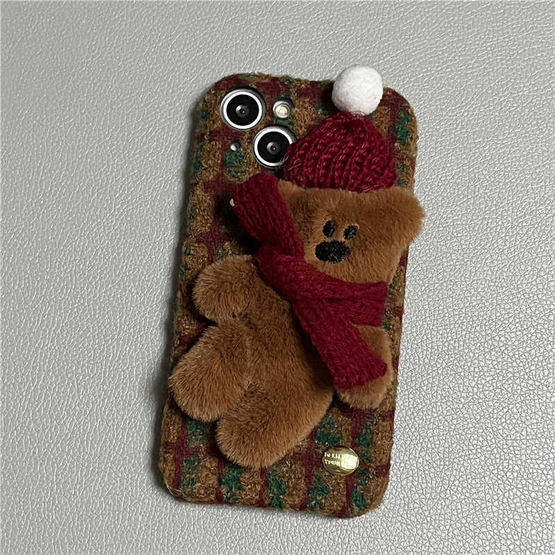 Handmade plush plaid iPhone case with brown teddy bear, maroon scarf and knit hat, camera cutouts