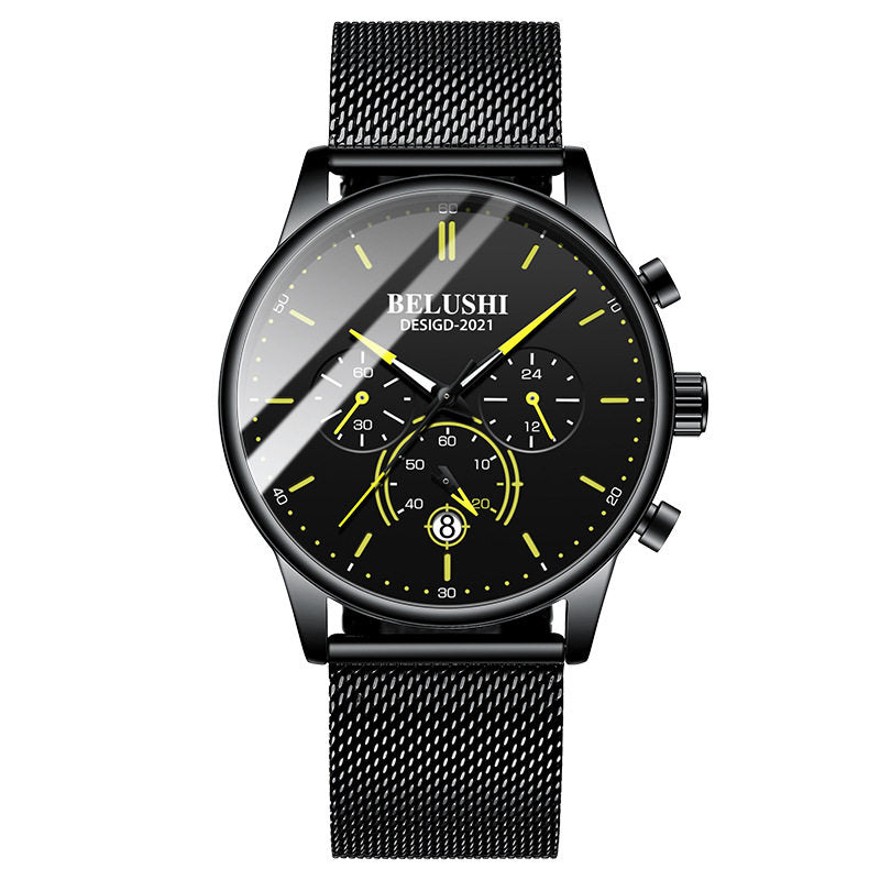 Men's black quartz watch with bright yellow accent dial and black mesh strap.