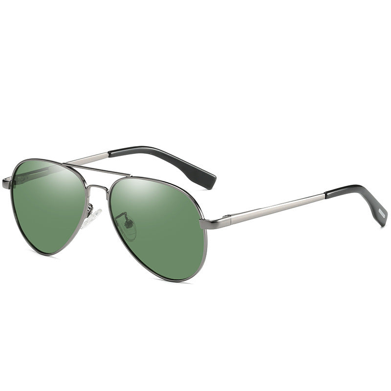 Polarized sunglasses with green mirrored lenses and silver metal frame