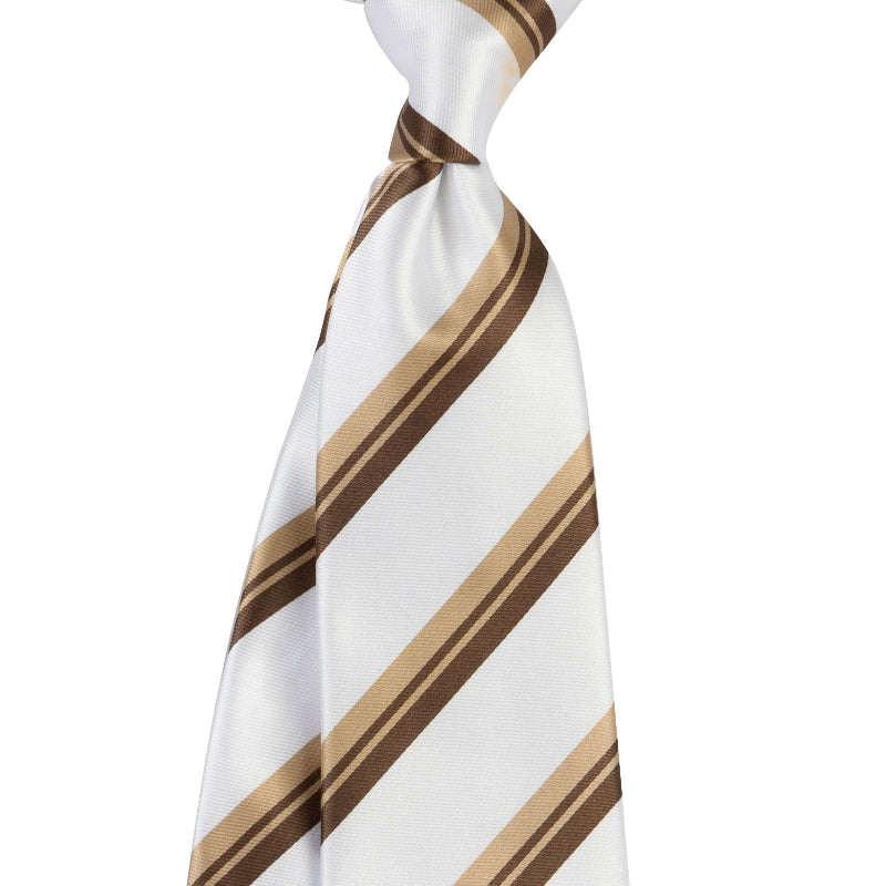 Men's tie in white with tan and brown diagonal stripe bands