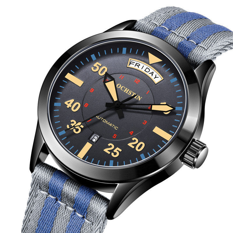 Wristwatch with blue and gray strap on a white background