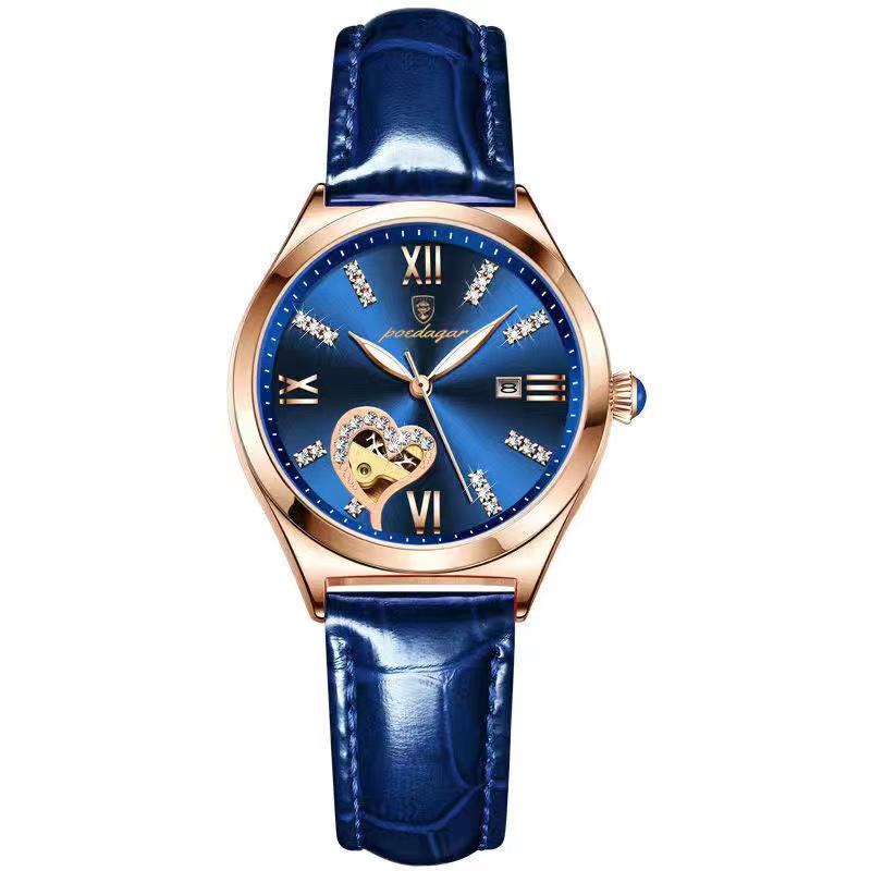 Women's automatic mechanical watch with blue dial, rose-gold case, blue leather strap