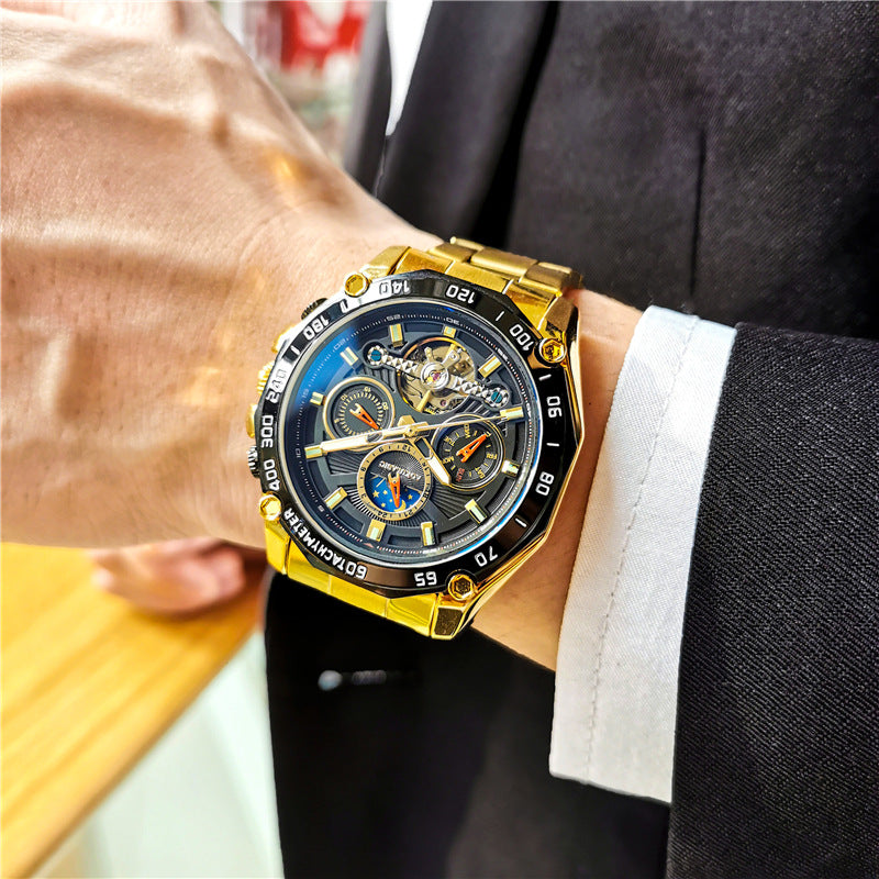 Men's automatic mechanical watch with gold bracelet and blue multi-dial face