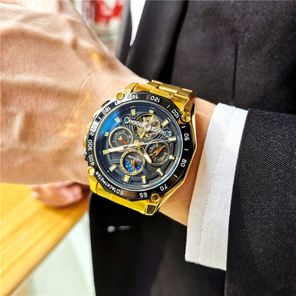 Men's automatic mechanical watch with gold bracelet and blue multi-dial face