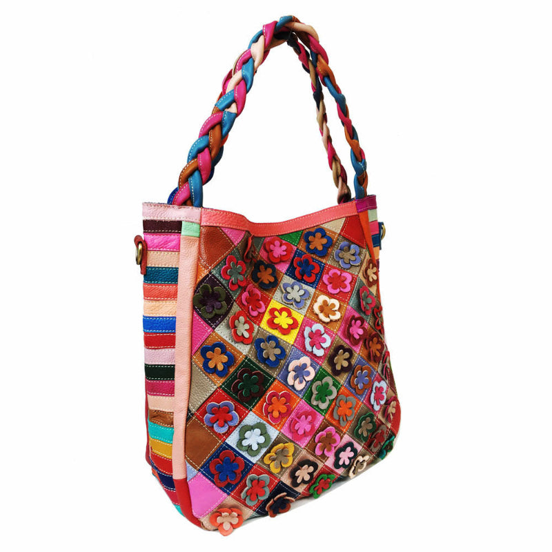 Colorful diamond plaid tote bag with braided handles and pink top trim