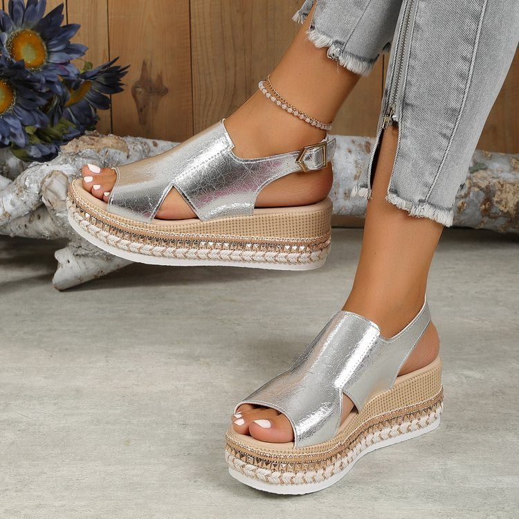 Women's Silver wedge sandals with braided sole.  YAXSO STORE UAE