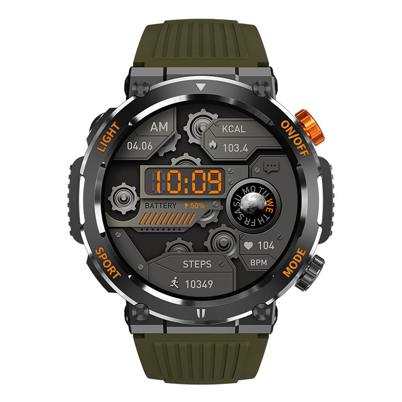 Olive sport smartwatch with round face, orange highlights, textured rubber strap