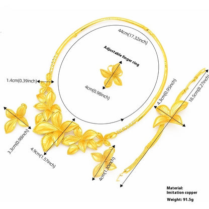 Gold butterfly necklace with measurements and material details on a white background