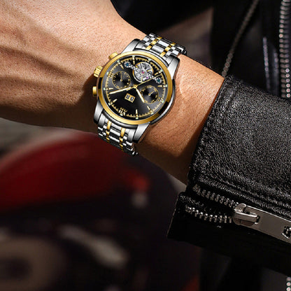 Luxury watch with gold and silver accents on a wrist, blurred background