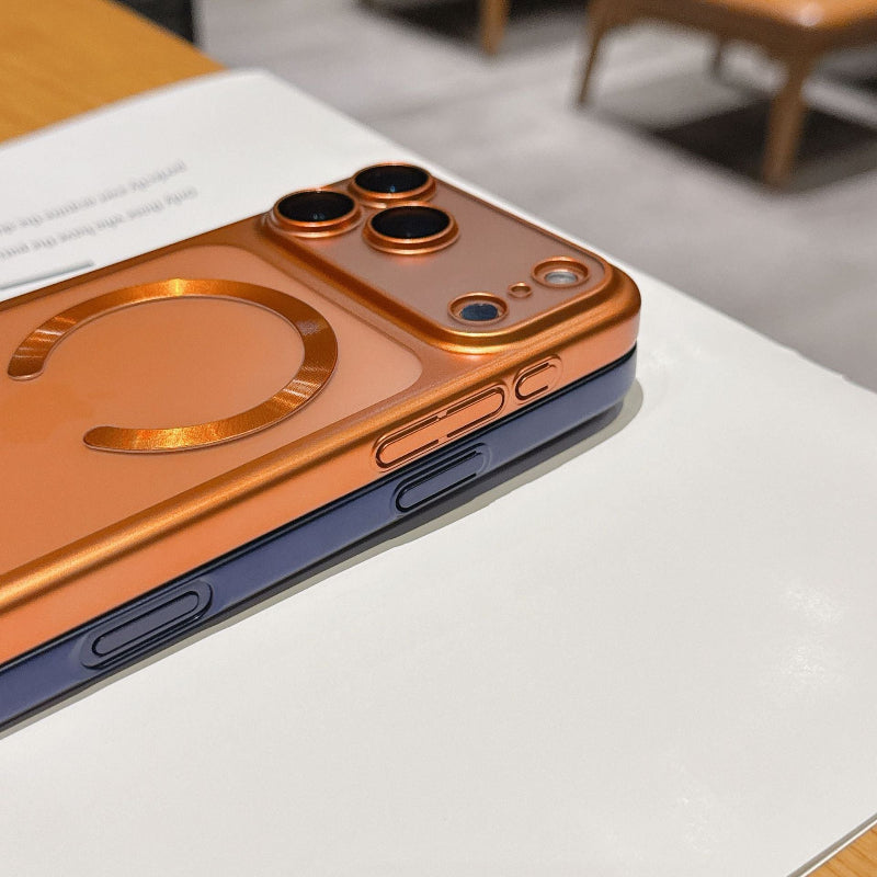 Smartphone with gold and blue case on a white surface