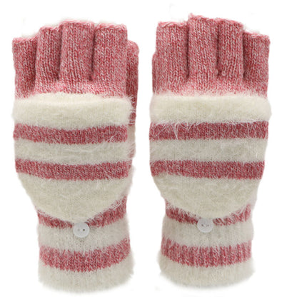 Pair of red and white striped fingerless gloves on a white background