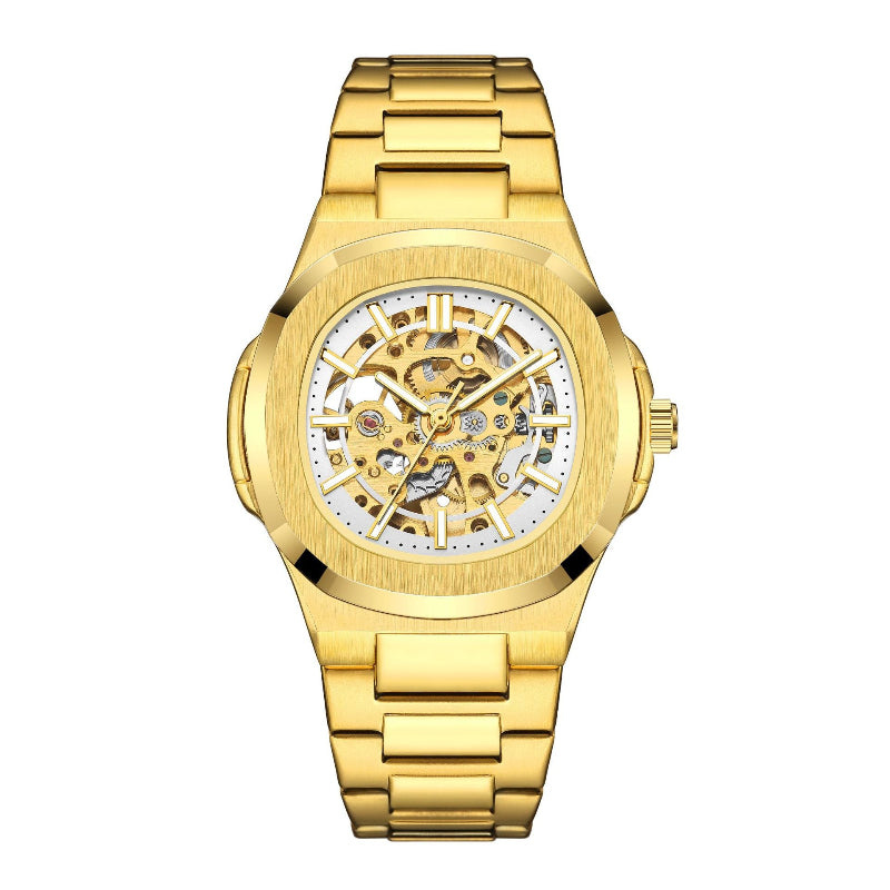 Gold skeleton watch with bright dial details and metal bracelet, front view