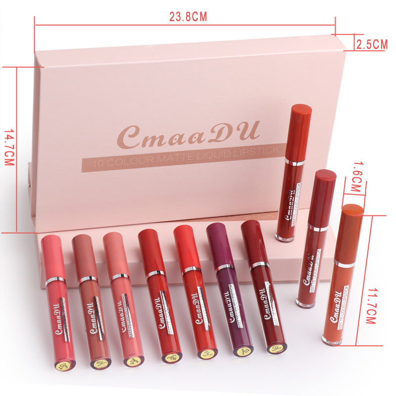 Matte liquid lipstick gift box with multiple tubes and shade swatches, labeled with dimensions