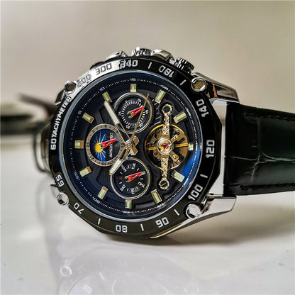 Men's automatic mechanical watch with black leather strap, gold and blue multi-dial face