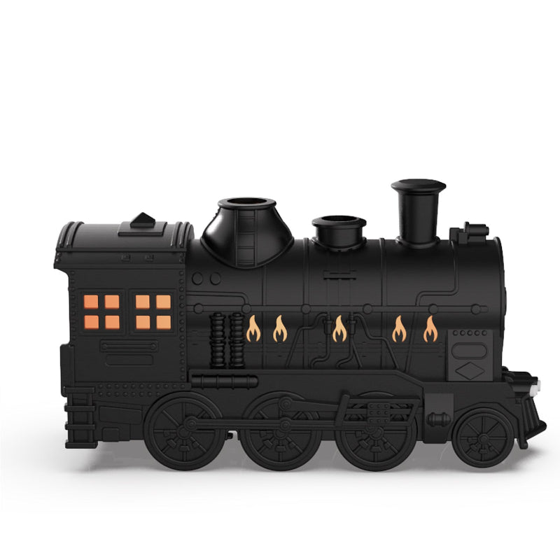 Black train ultrasonic humidifier diffuser side view with glowing orange window LEDs