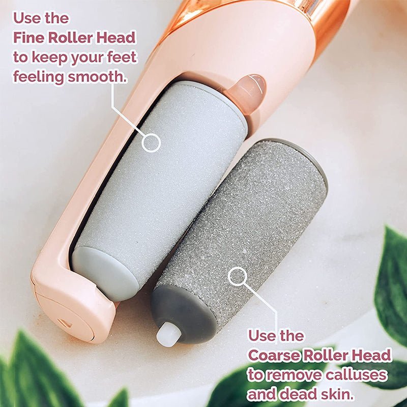 Electric foot callus remover with fine and coarse gray roller heads attached
