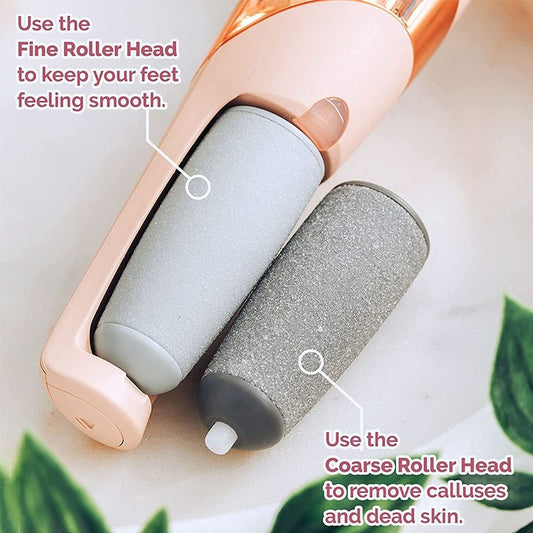 Electric foot callus remover with fine and coarse gray roller heads attached