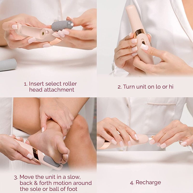 Electric foot callus remover shown in use on feet with roller head