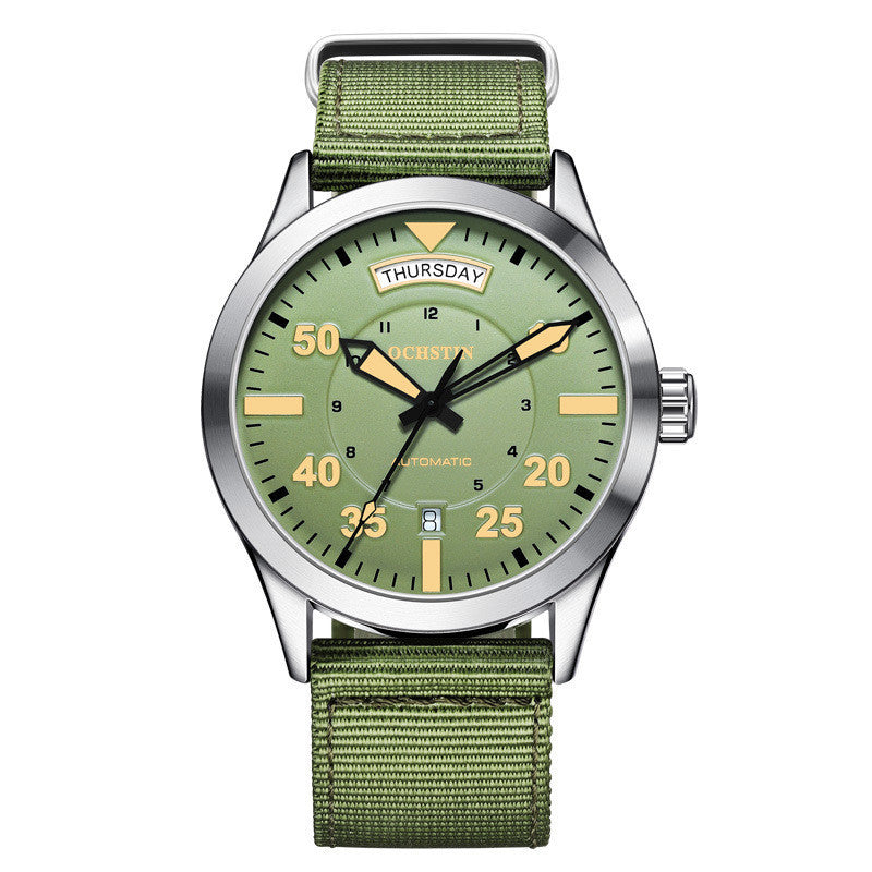 Green watch with a green strap on a white background