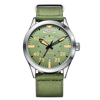 Green watch with a green strap on a white background