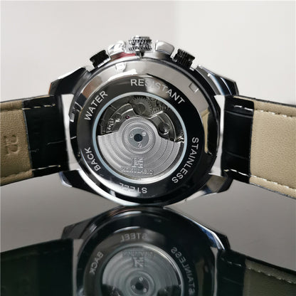 Men's automatic mechanical watch with stainless case and black leather strap, see-through back