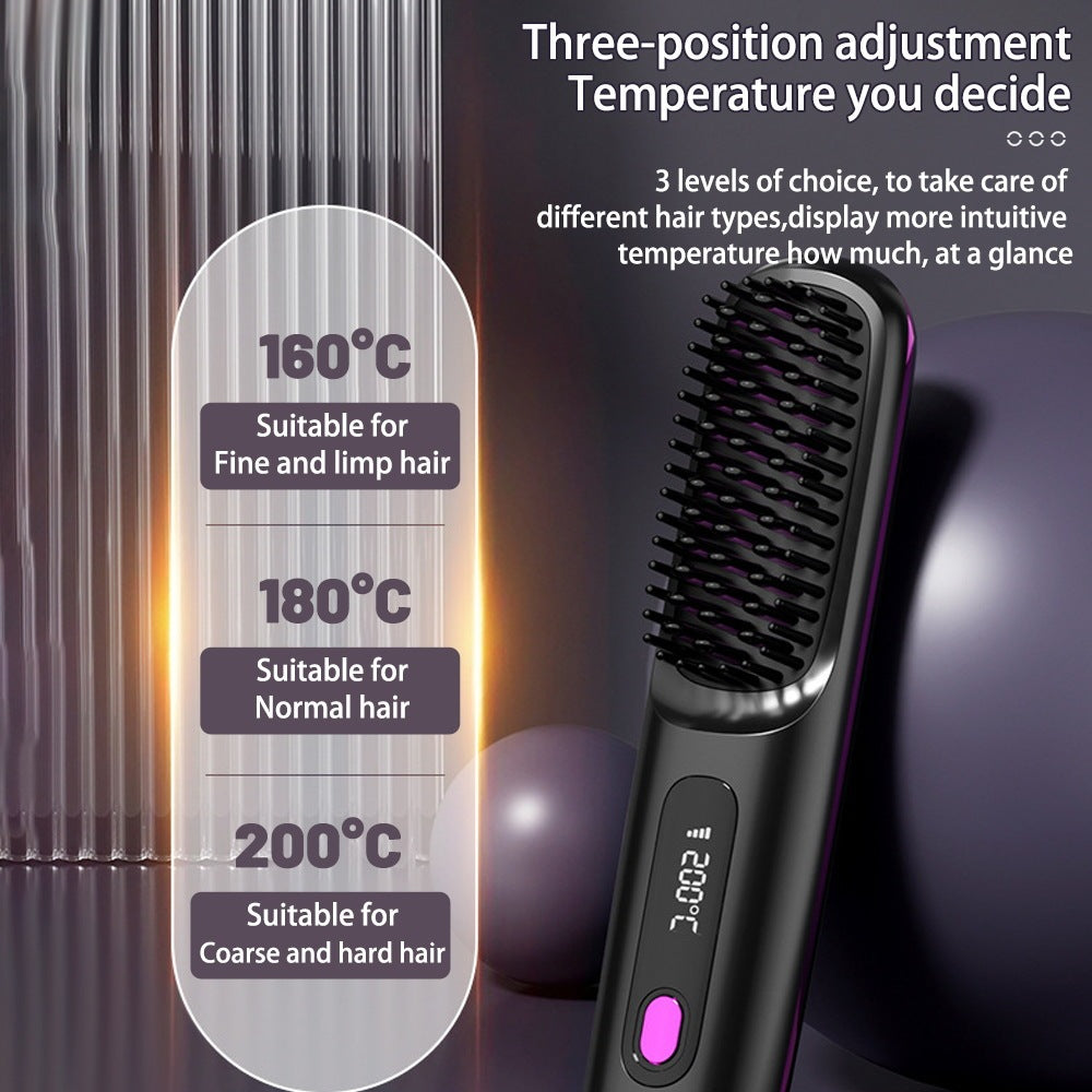 Hair straightening brush with temperature display and adjustment options on a dark background