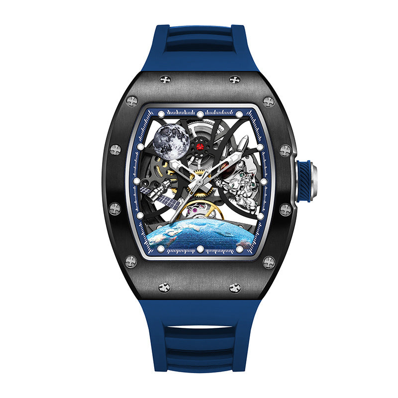 Luxury watch with blue strap and intricate design on a white background