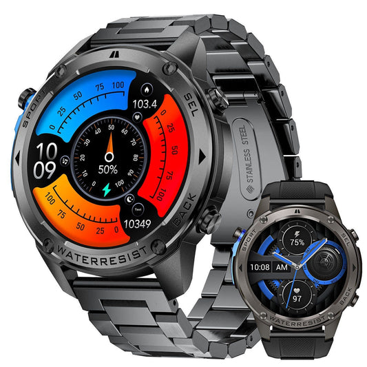 Black stainless-look smartwatch with blue/orange display and chunky metal-link bracelet