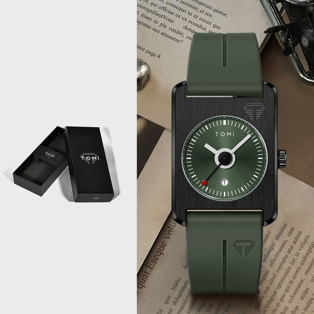 Unisex square quartz watch with calendar, green dial, dark case, green silicone strap