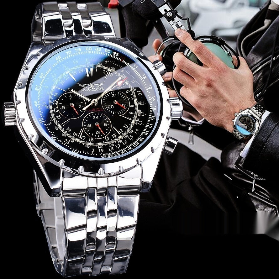 Men's mechanical chronograph watch with silver metal bracelet and blue-accent black dial