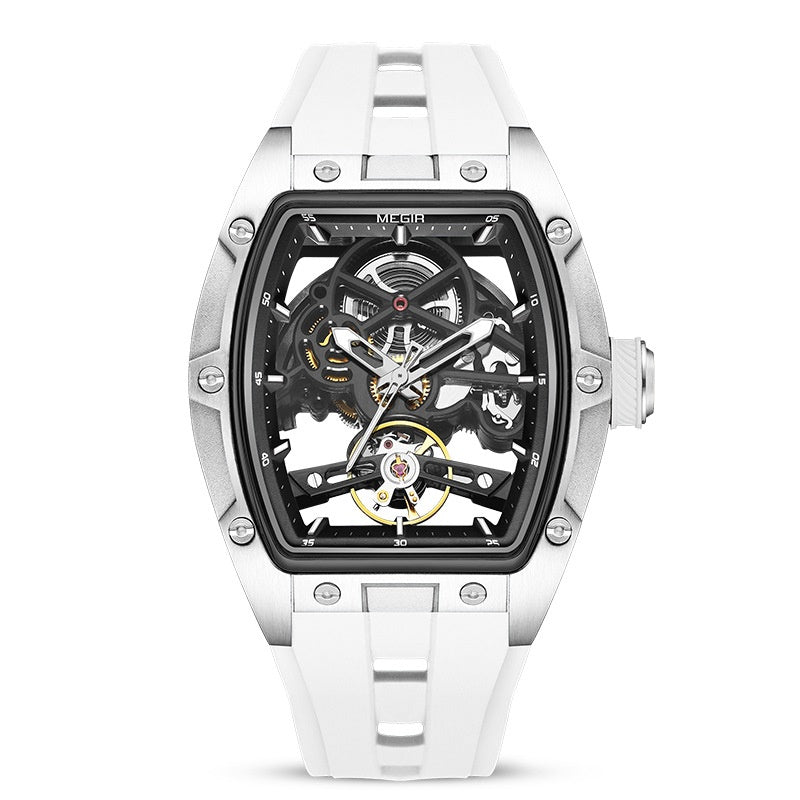 White mechanical watch with transparent face on a white background