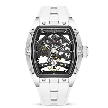 White mechanical watch with transparent face on a white background