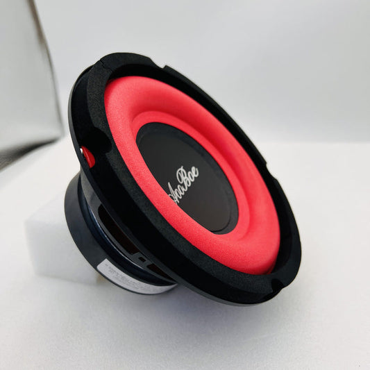 Car speaker woofer with red cone and black foam surround, circular front view