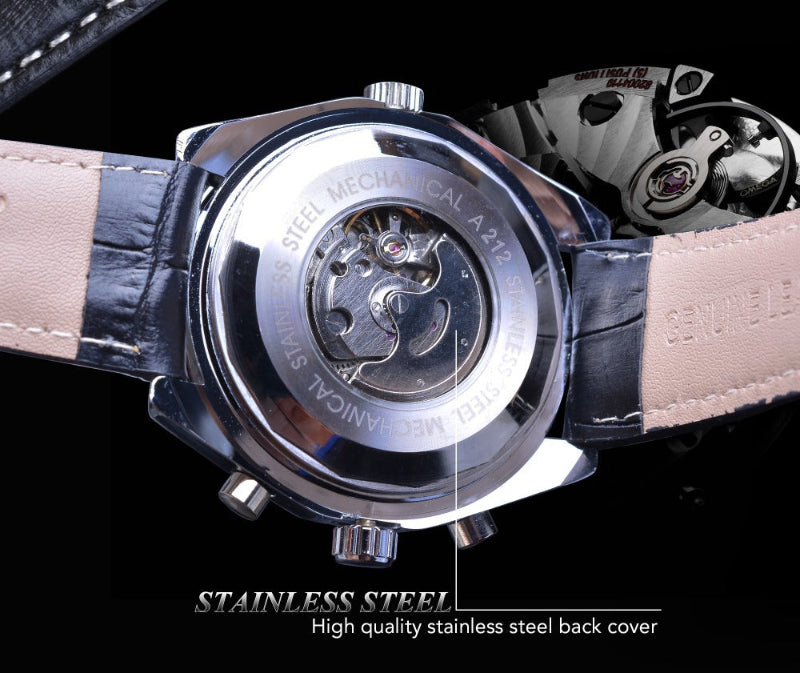 Close-up of a watch with a stainless steel back cover on a black background