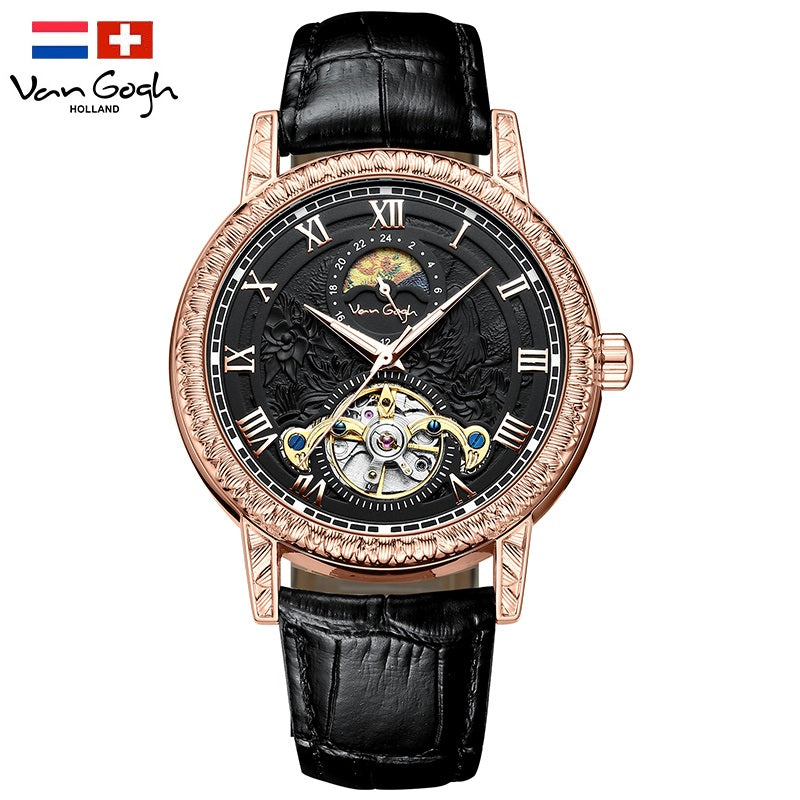 Men's automatic skeleton watch with black leather strap and rose gold-tone case