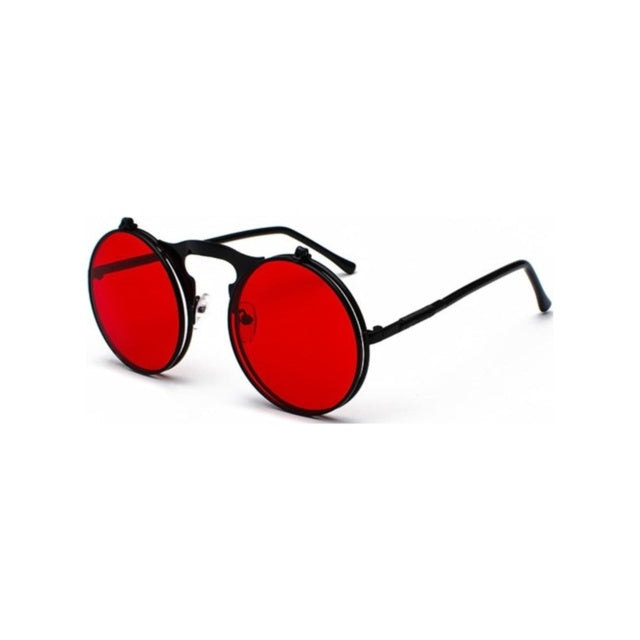 Round flip-up sunglasses with black frame and red mirror lenses