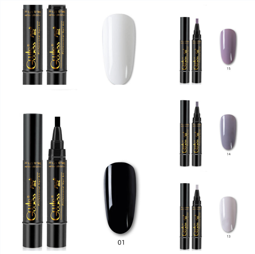Nail gel glue pens with assorted glossy shade swatches, including white and black