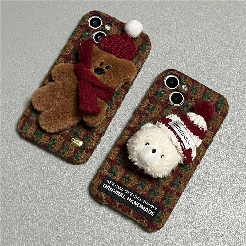 Plush plaid iPhone cases: brown teddy bear with red hat and white bear with red knit hat