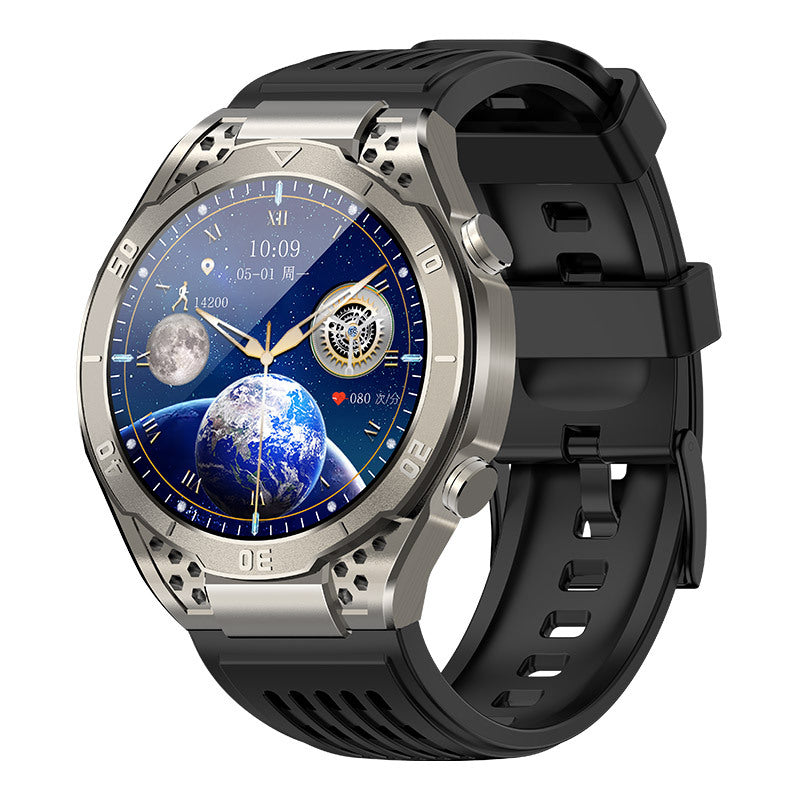 Silver-color smartwatch with black strap and blue Earth-themed round display