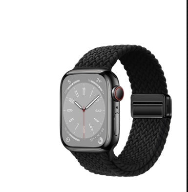 Black smartwatch with a woven black band on a white background