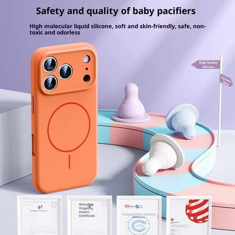 Orange phone case with baby pacifiers on a light purple background