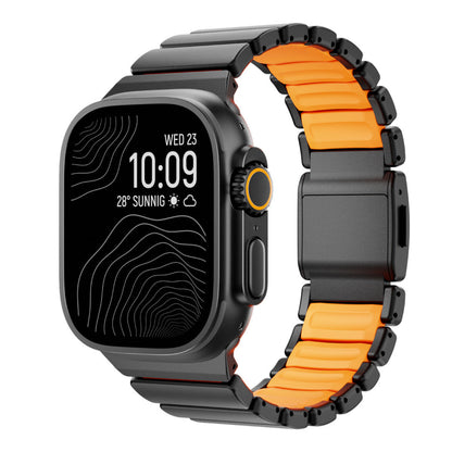 Smartwatch with black and orange band on a white background