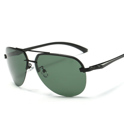 Sunglasses with green lenses and black frame on a white background
