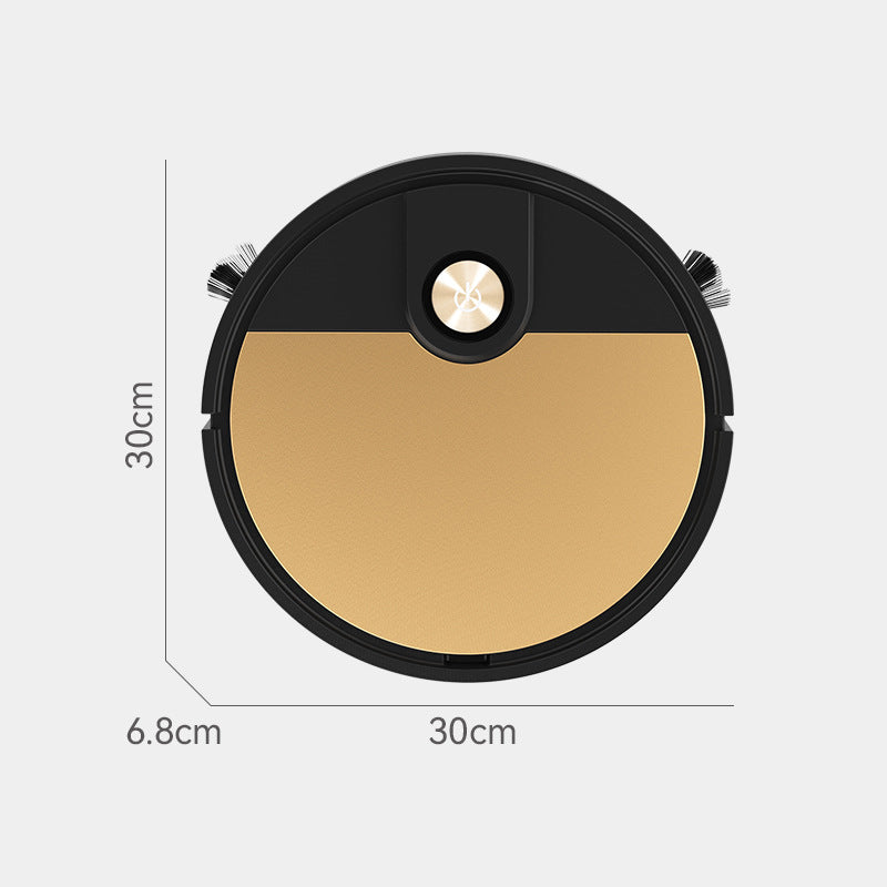 Gold-accent round cleaning robot with 30cm diameter and 6.8cm height