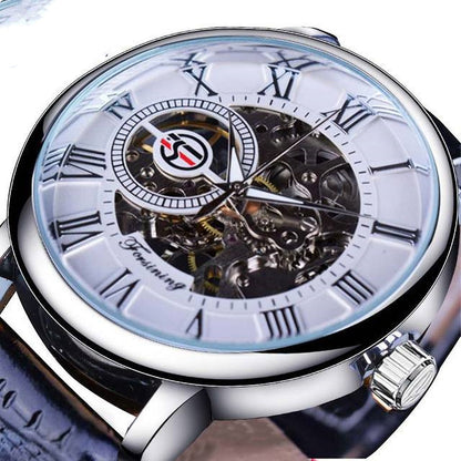Luxury watch with transparent face and visible mechanical components on a white background