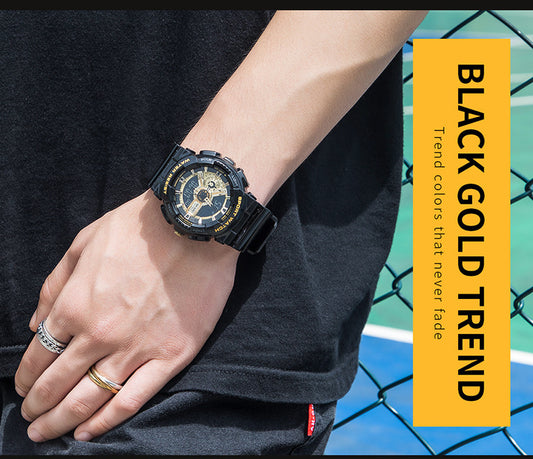 Person wearing a black and gold watch with a yellow text box on a blue and green background