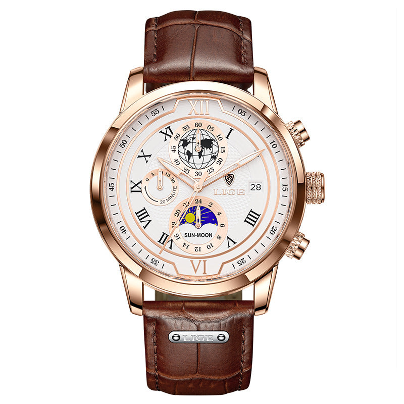 Men's rose gold moon phase quartz watch with white dial and brown leather strap