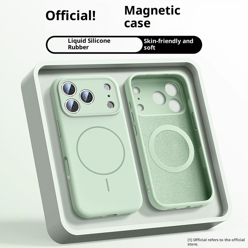 Two green phone cases in a box with text highlighting features like 'Official!', 'Magnetic case', 'Liquid Silicone Rubber', and 'Skin-friendly and soft'.