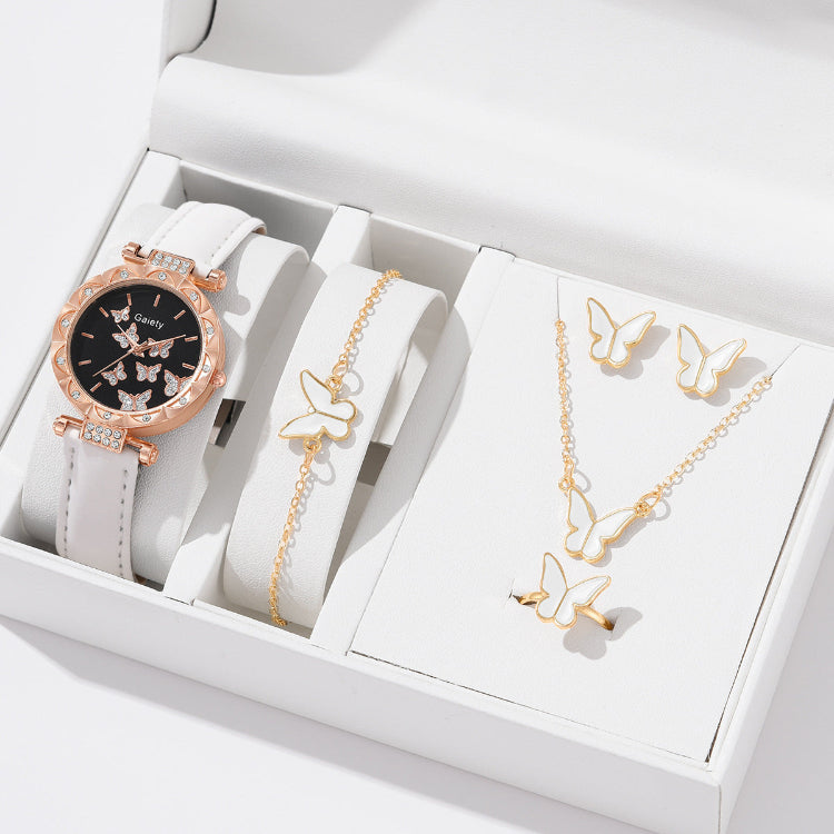 Women’s butterfly quartz watch with white strap and butterfly jewelry set in display box