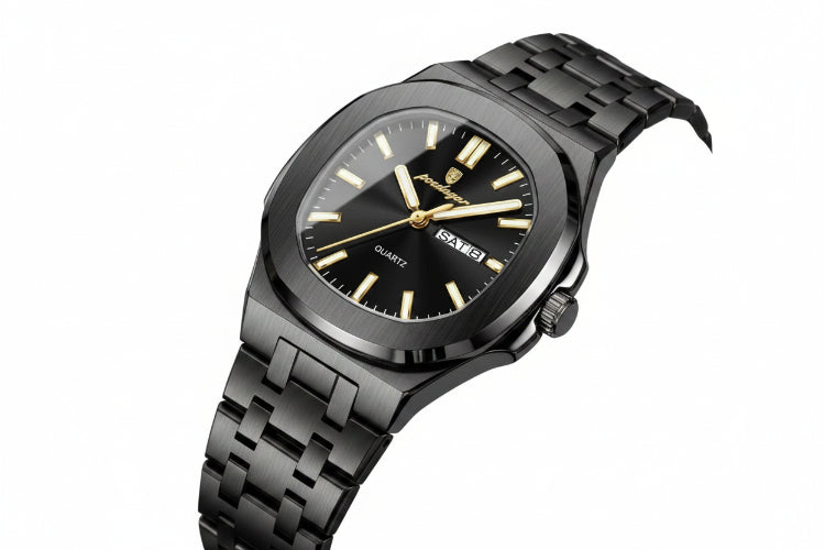 Black dial quartz wristwatch with stainless steel bracelet and round case, gold accents.